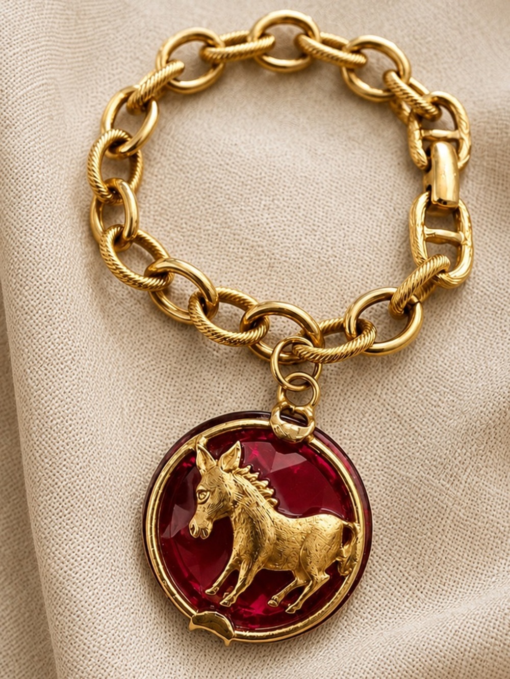 Vintage WARNER Donkey Ruby Red Medallion Gold Tone Statement Bracelet 1960s